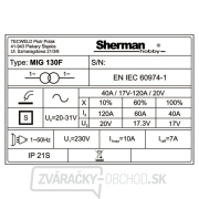 Sherman Poloautomatická zváračka MIG 130F (iba pre trubičkové drôty) + horák + káble + štít + kladivo s kefkou Náhľad