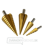 Vrtáky stupňovté GEKO, sada 4ks, 4-12mm, 4-20mm, 4-32mm, 4-39mm, drevená kazeta, TiN Náhľad